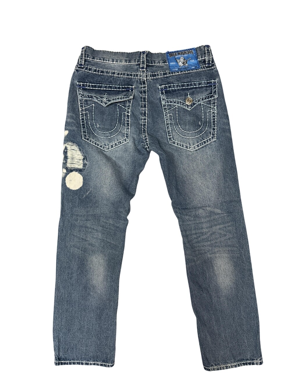 True Religion Ricky Super T Jeans Mens 36x32 Blue Distressed Straight Denim USA